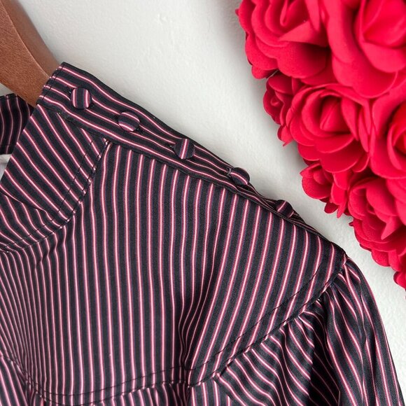 Evidnt Womens Balloon Sleeve Silky Oversized High Neck Blouse Large Navy Red Str - Picture 2 of 9